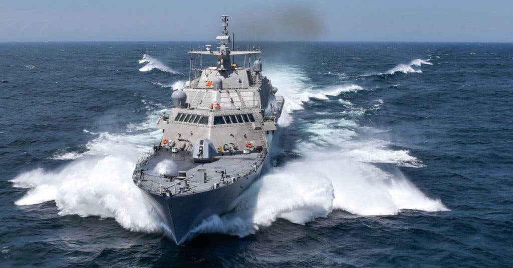 The future USS Detroit (LCS 7) conducts acceptance trials. Acceptance trials are the last significant milestone before delivery of the ship to the Navy. (U.S. Navy Photo courtesy of Lockheed Martin-Michael Rote)