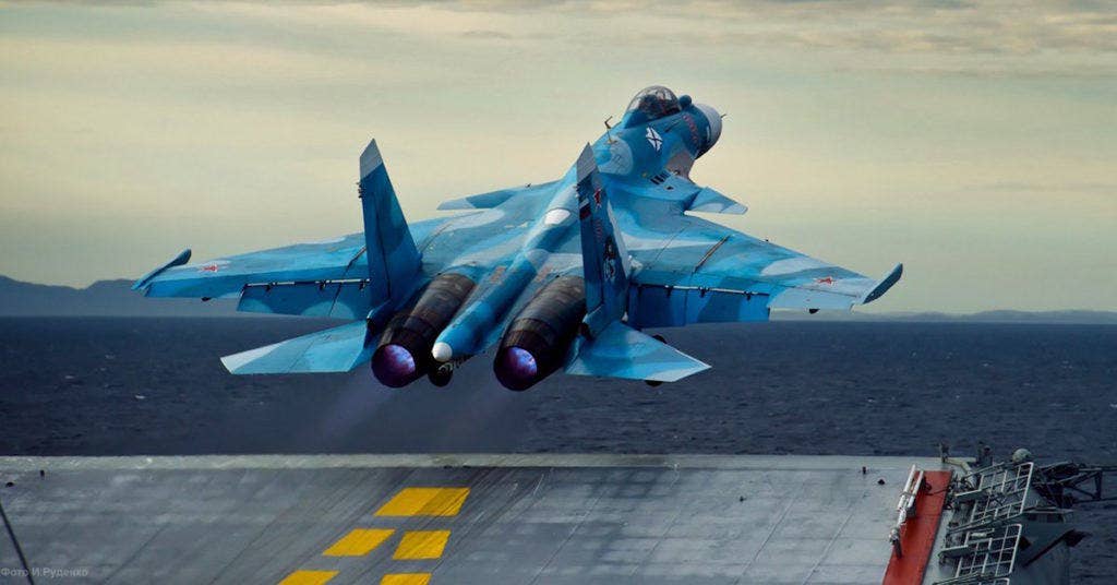 Sukhoi Su-33 launching from the Admiral Kuznetsov in 2012. | Russian MoD Photo