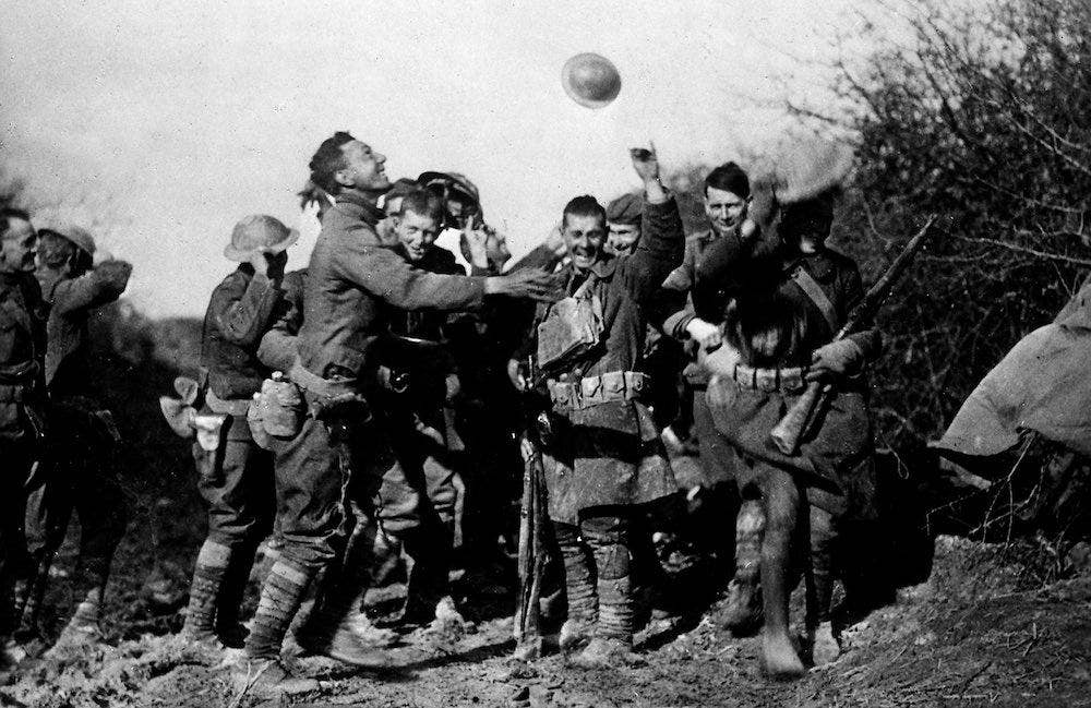 Soldiers celebrating World War I Armistice.