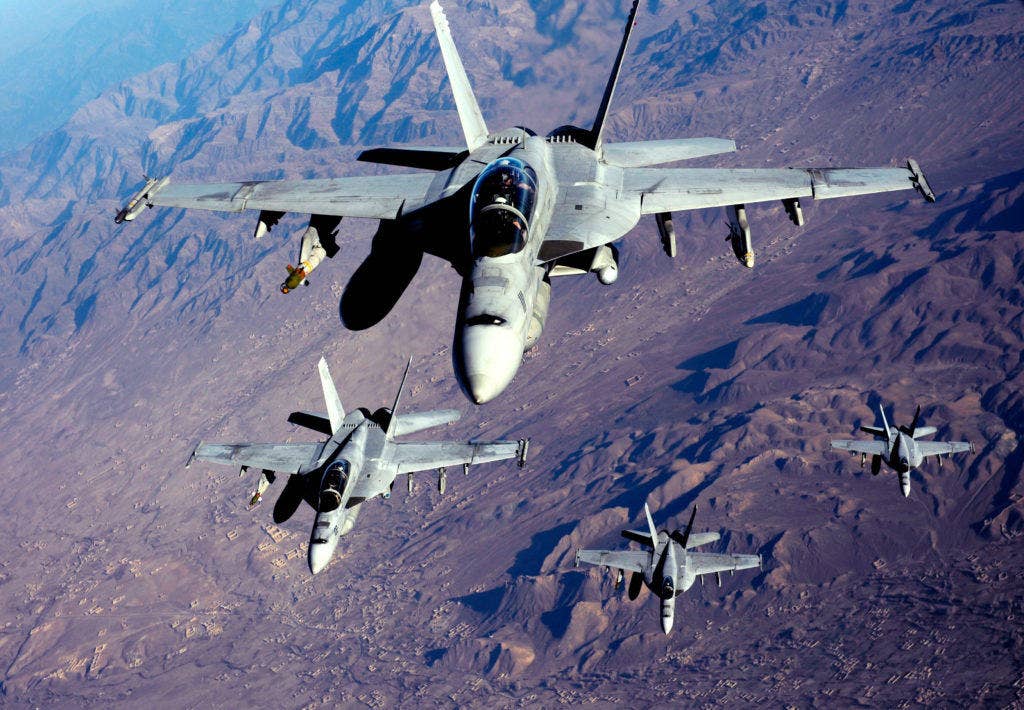 U.S. Air Force F/A-18Fs being refueled over Afghanistan in 2010. | U.S. Air Force photo by Staff Sgt. Andy M. Kin