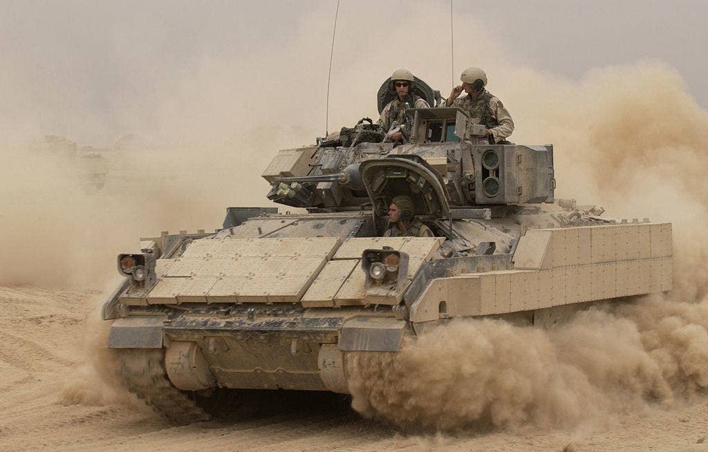 An M2A2 Bradley in action during a mission in Iraq. (U.S. Air Force)