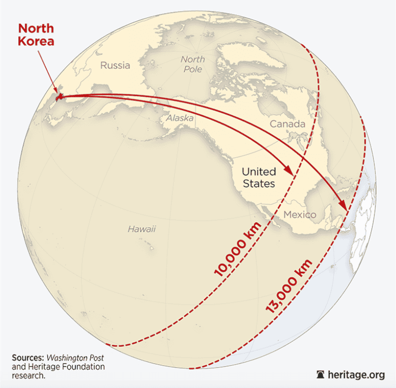 A graphic showing the range of the North Korean rocket launched on February 7, 2016. | Courtesy of The Heritage Foundation