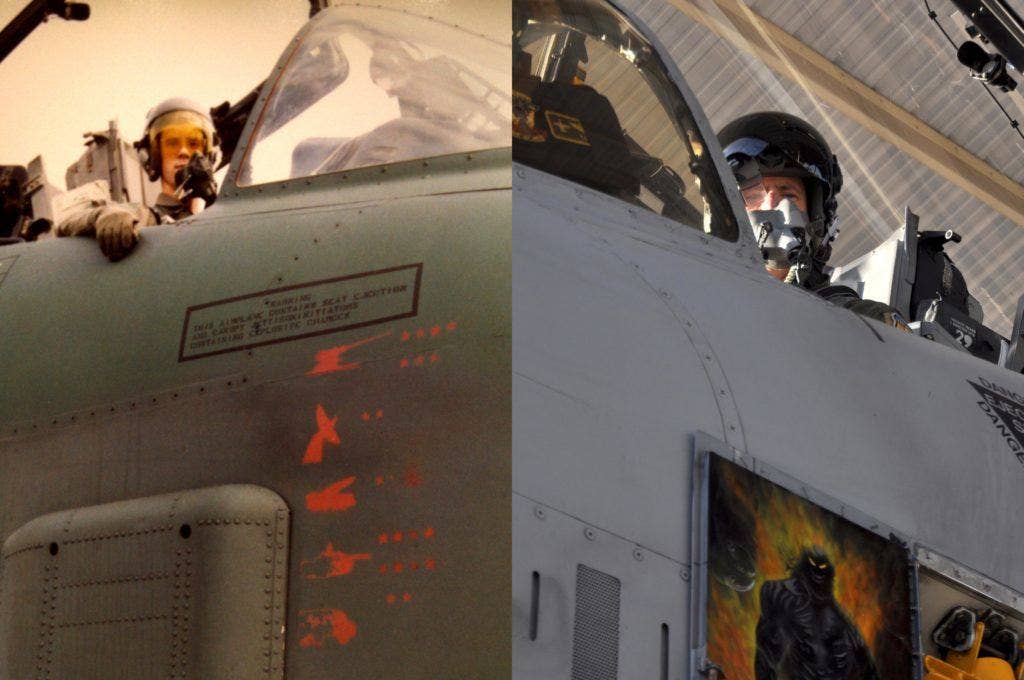 Then, U.S. Air Force 1st Lt. John Marks in an A-10 Thunderbolt II in 1991 next to, now, Lt. Col. Marks in the cockpit of an A-10 at Whiteman Air Force Base, Mo., Nov. 14, 2016. Marks reached 6,000 hours in an A-10 after flying for nearly three decades. | Courtesy photo provided by Lt. Col. Marks