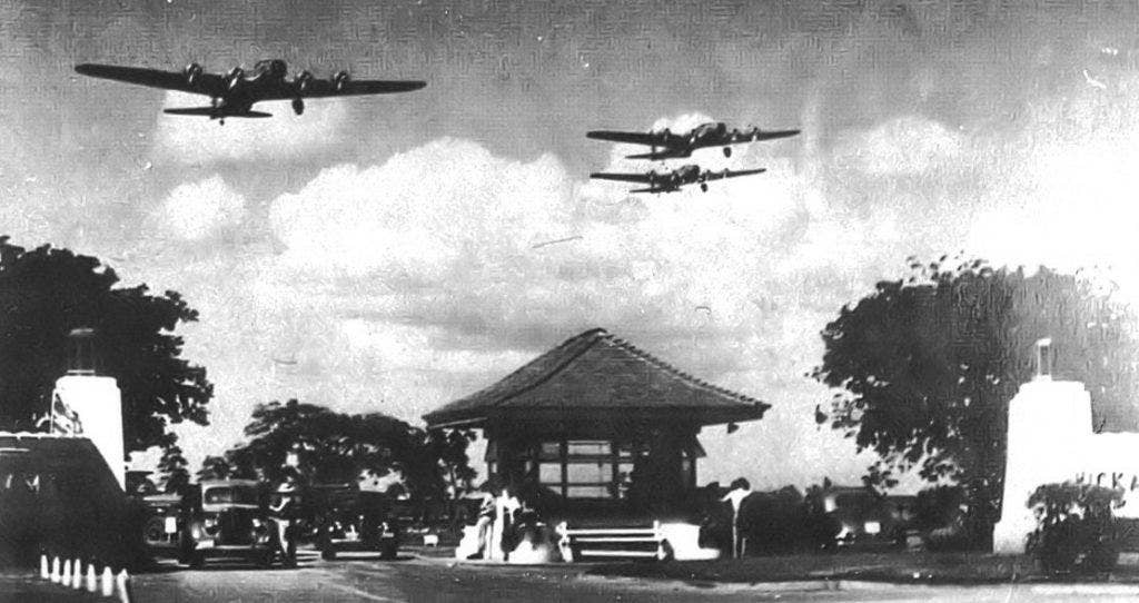 oeing B-17D Fortresses of the 5th Bombardment Group overfly the main gate at Hickam Field, Hawaii territory during the summer of 1941. 21 B-17C/Ds had been flown out to Hawaii during May to reinforce the defenses of the islands. | Photo Credit U.S. Army Air Corps