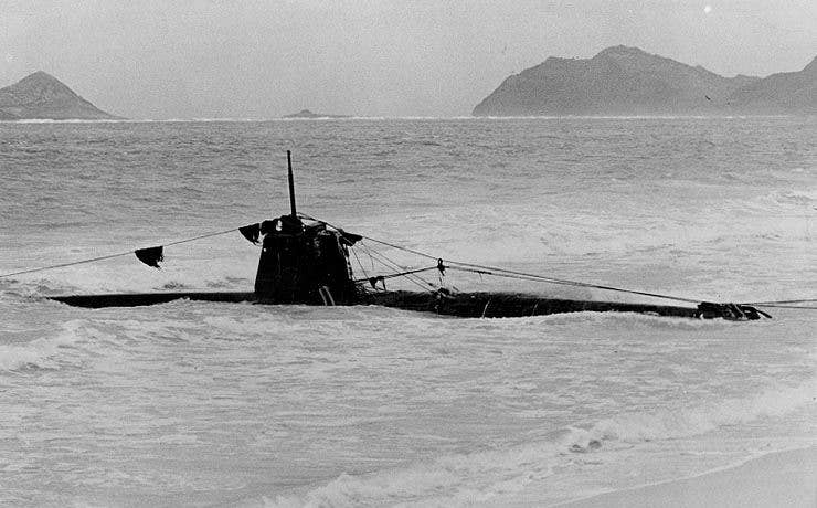 Ko-hoteki class submarine grounded in the surf on Oahu after the attack on Pearl Harbor, 1941. Photo by U.S. Navy.