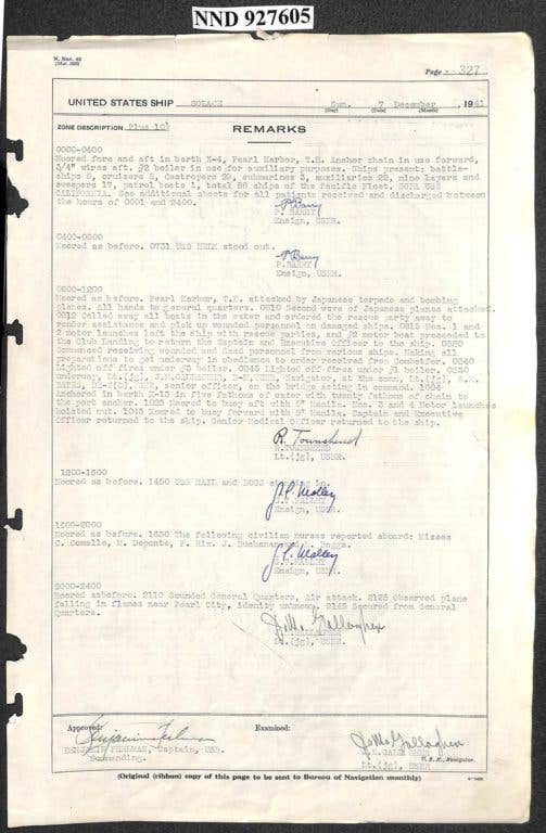 The deck log of the USS Solace, a hospital ship, which rapidly began taking on wounded from other vessels. (Photo: National Archives Administration)