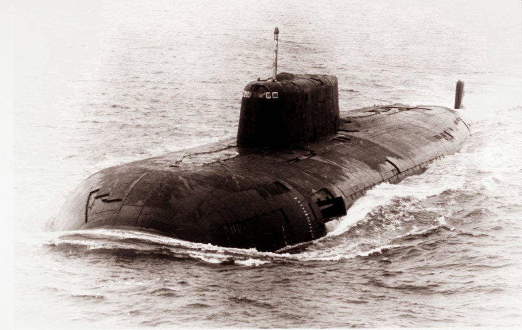 A port bow view of a Soviet Oscar Class nuclear-powered cruise missile attack submarine underway. Each Oscar sub is equipped with 24 SS-N-19 550-kilometer-range missiles. (DOD photo)