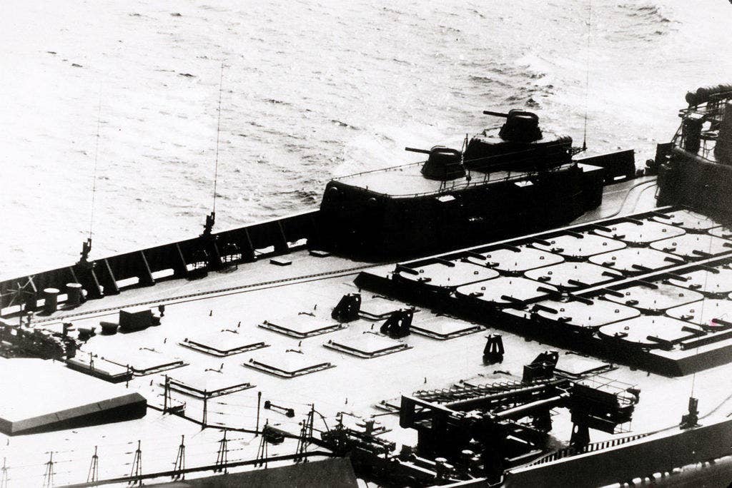 A look at the SS-N-19 cells on the Soviet battlecruiser Kirov. 24 of these missiles are on an Oscar-class sub (DOD photo)