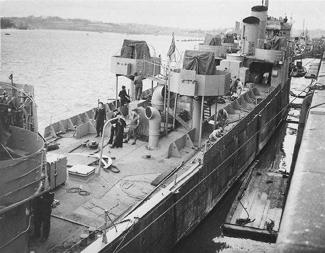 The HMS Campbeltown as it was being converted to resemble a German warship for the St. Nazaire raid. (Photo: Royal Navy)