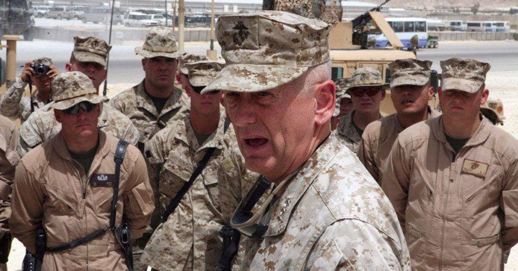 Lt. Gen. James Mattis, the commander of U.S. Marine Corps Forces Central Command, speaks to Marines with Marine Wing Support Group 27, May 6. Mattis explained how things in Iraq have gotten better since the first time Marines came to Iraq. (Photo from U.S. Marine Corps)