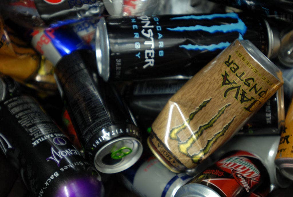 An aluminum recycling bin is filled with empty energy drink cans in this 2009 photo. That year, 1,000 cans of energy drinks were sold each week at just ONE exchange in Germany. (Photo by Pfc. Jennifer Kennemer, 16th Mobile Public Affairs Detachment)