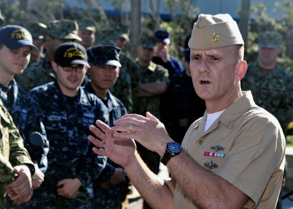 Master Chief Petty Officer of the Navy Steven Giordano holds an all-hands call to discuss the Navy's rating modernization efforts at 3rd Fleet headquarters in San Diego on Nov. 7. The decision to scrap Navy ratings has since been reversed. (Photo: U.S. Navy Petty Officer 2nd Class Curtis Spencer)