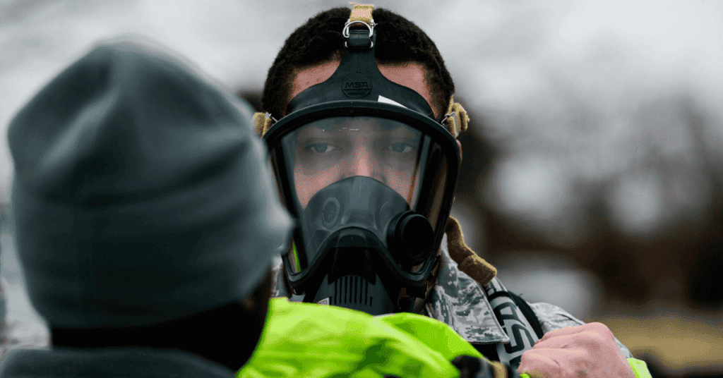 U.S. Air Force Airman 1st Class Alex McClendon, 633rd Aerospace Medicine Squadron bioenvironmental engineer technician, prepares to enter a simulated contaminated area during Integrated Base Emergency Response and Capability training at Langley Air Force Base, VA