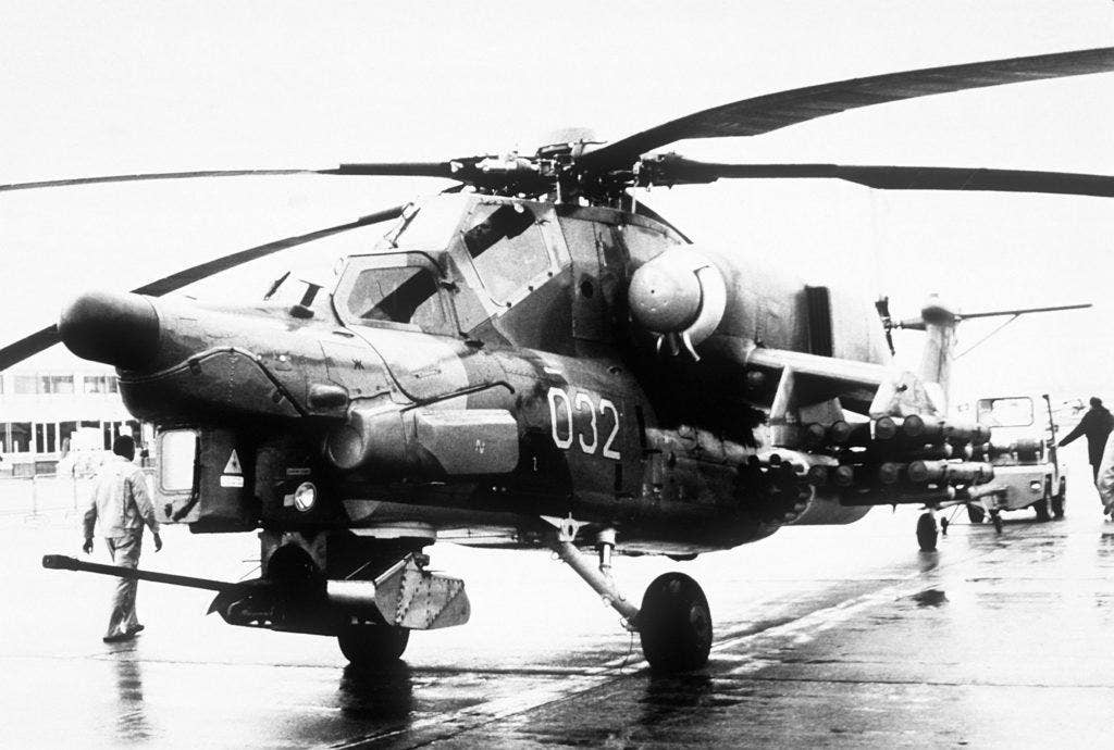 A left front view of a Soviet Mi-28 Havoc attack helicopter being towed on the flight line. (DOD photo)