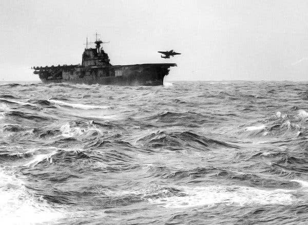 A U.S. Army Air Force B-25B Mitchell medium bomber, one of sixteen involved in the mission, takes off from the flight deck of the USS Hornet for an air raid on the Japanese Home Islands on April 18, 1942. (U.S. Air Force Photo)