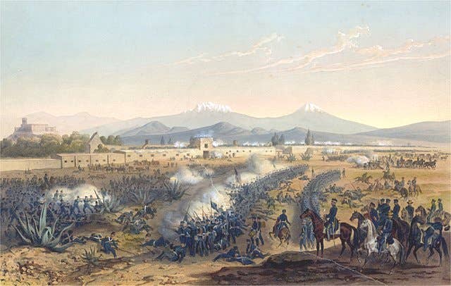Colonel McIntosh's final battle at Molino del Rey during the Mexican-American War. (Lithograph by Adolphe Jean-Baptiste Bayot after a drawing by Carlos Nebel.)