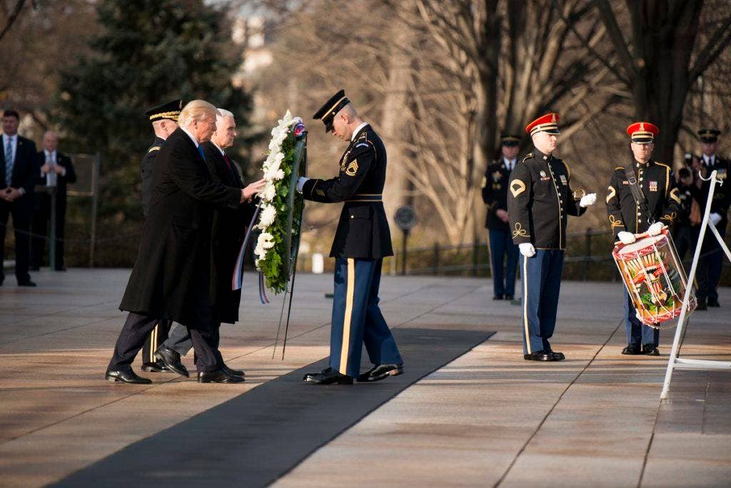 President-elect Donald J. Trump and Vice President-elect Mike Pence place a wreath at the Tomb of the Unknown Soldier at Arlington National Cemetery, Jan. 19, 2017, in Arlington, Va. Trump will be sworn-in as the 45th president of the United States during the Inauguration Ceremony Jan. 20, 2017, in Washington, D.C. (U.S. Army photo by Rachel Larue/Arlington National Cemetery/released)