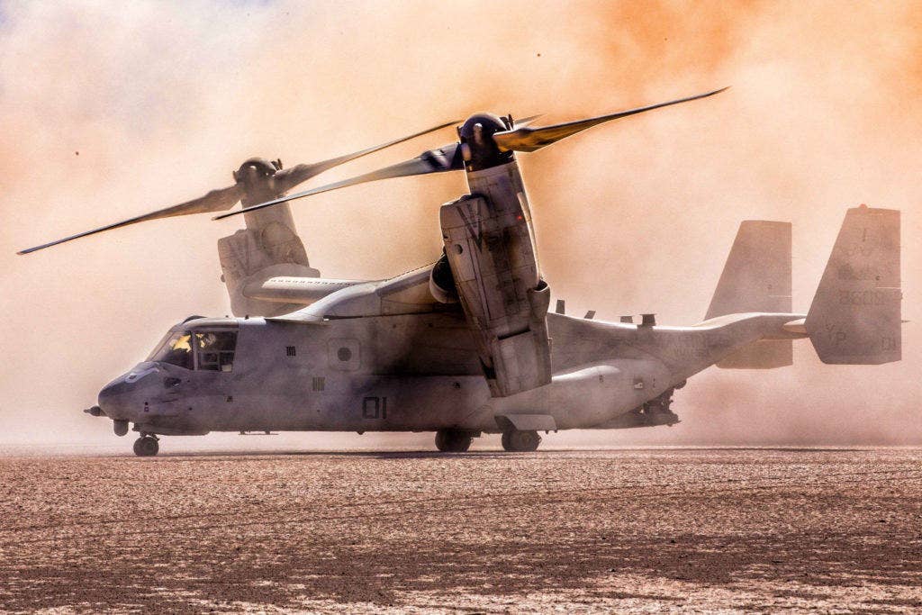 An MV-22 Osprey prepares to lower its ramp to debark Marines during a noncombatant evacuation training operation in Djibouti, Africa, Jan. 5, 2017. (U.S. Marine Corps photo by Lance Cpl. Brandon Maldonado)