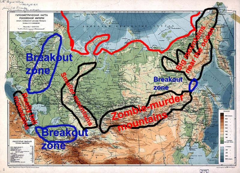Zombies can only get out of Russia through some limited breakout zones, and that one to the east is pretty useless because it runs straight into the Sea of Okhotsk. (Map: Public domain. Graphics: crudely drawn by Logan Nye)