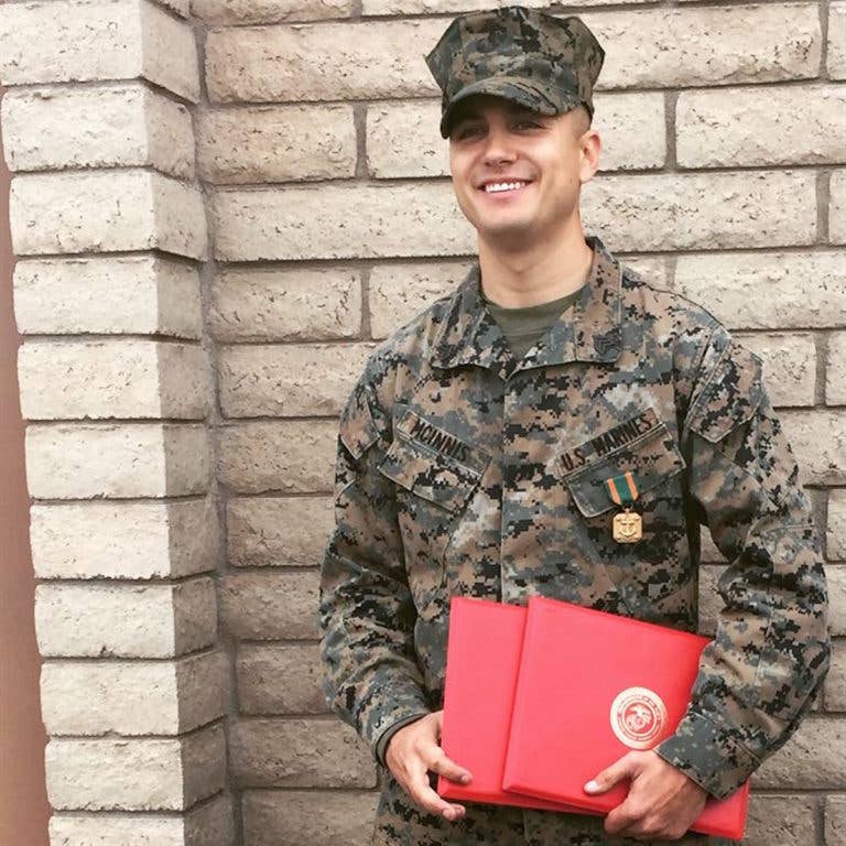 Marine Corps Sgt. Gabriel R. McInnis, engineer equipment mechanic with Bulk Fuel Company C, 6th Engineer Support Battalion, 4th Marine Logistics Group, poses for a photo after receiving a Navy and Marine Corps Achievement Medal at Luke Air Force Base, Ariz., Jan. 7, 2017. McInnis received the medal for his actions in preventing an assault of a family in Tempe, Ariz., Dec. 27, 2016. | US Marine Corps photo by Sgt. Ian Leones