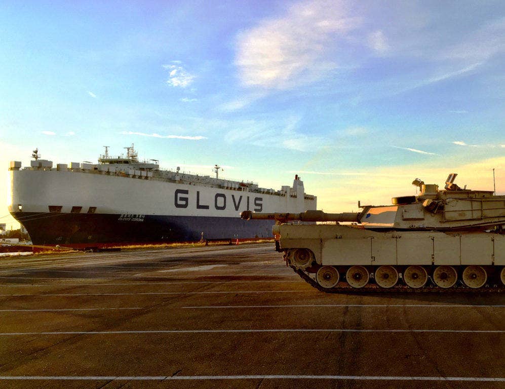 An M1A2 Abrams tank from 1st Battalion, 68th Armor Regiment, 3rd Armored Brigade Combat Team, 4th Infantry Division, sits on the dock after being off-loaded from a cargo vessel at the port of Bremerhaven, Germany, Jan. 6, 2017. (Photo: U.S. Army Capt. Scott Walters)