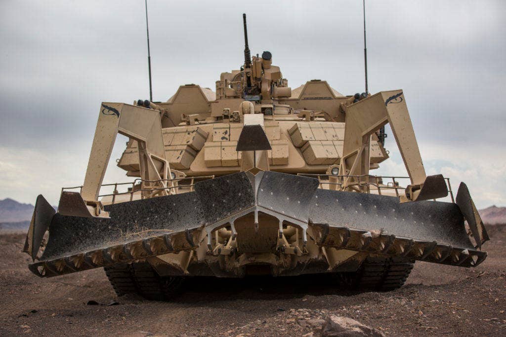 An Assault Breacher Vehicle with 2nd Combat Engineer Battalion, 2nd Marine Division, idles in the Black Top Training Area aboard Marine Corps Air Ground Combat Center Twentynine Palms, Calif., May 17, 2016. (Photo: Marine Corps Lance Cpl. Levi Schultz)