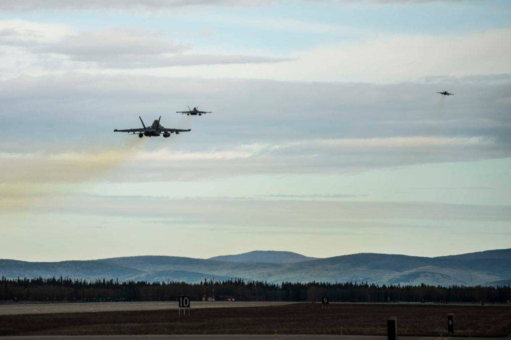 Three U.S. Navy EA-18G Growlers assigned to Electronic Attack Squadron 137, Naval Air Station Whidbey Island, Wa., take off from Eielson Air Force Base, Alaska, May 2, 2016, during RED FLAG-Alaska (RF-A) 16-1. (Photo: U.S. Air Force Staff Sgt. Joshua Turner)