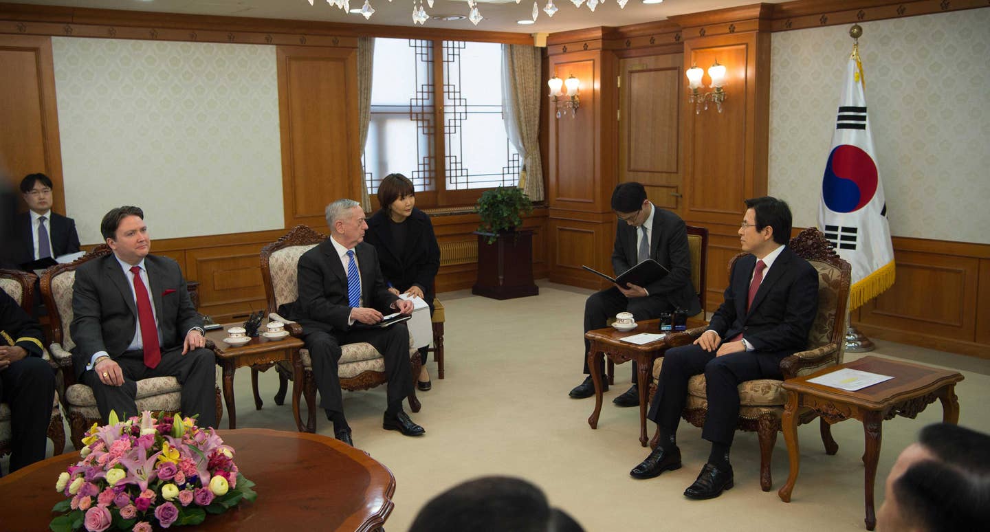 Defense Secretary Jim Mattis meets with South Korea's acting president, Prime Minister Hwang Kyo-ahn, during a visit to Seoul, South Korea, Feb. 2, 2017. (DoD photo by Army Sgt. Amber I. Smith)
