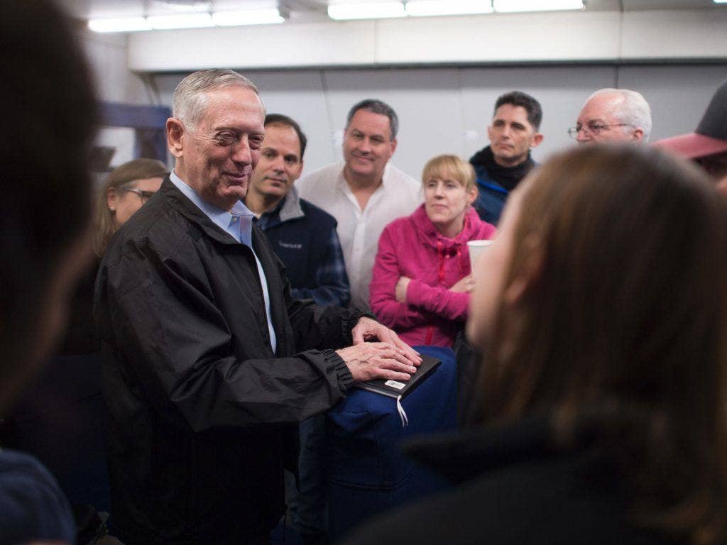 Secretary of Defense Jim Mattis answers questions from the press during a flight to South Korea., Feb. 1, 2017. | US Army photo by Sgt. Amber I. Smith