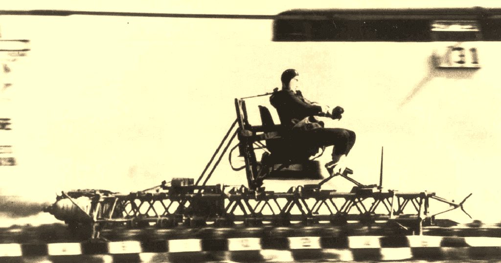 Test pilot Lt. Col. John Stapp rides a rocket sled at Edwards Air Force Base. Photo by U.S. Air Force.