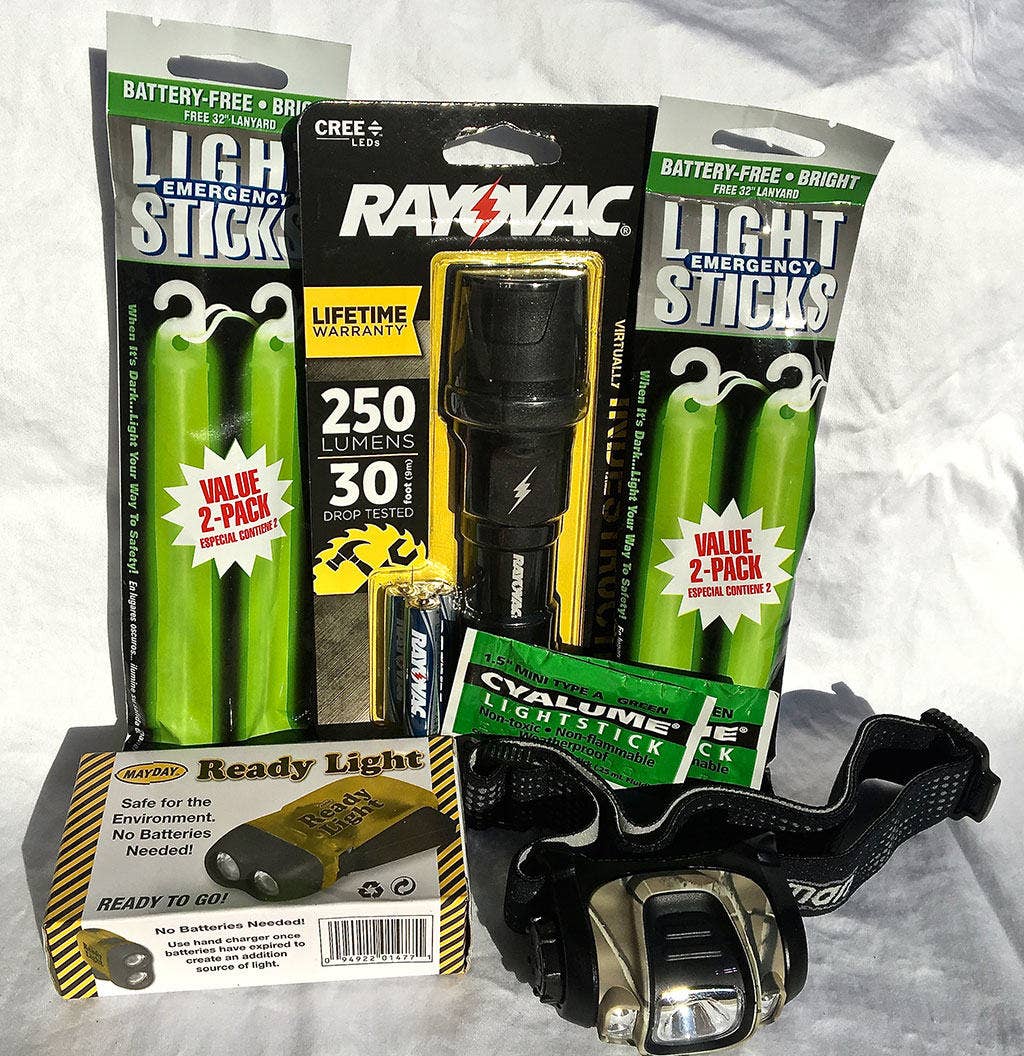 Have a mix of direct light (flashlights, head lamps) and marking lights (chem lights). A powerful handheld flashlight can also act as a blinder for animals and humans. Pack an extra set of batteries for whatever light you choose. Several companies make flashlights that don't need batteries.