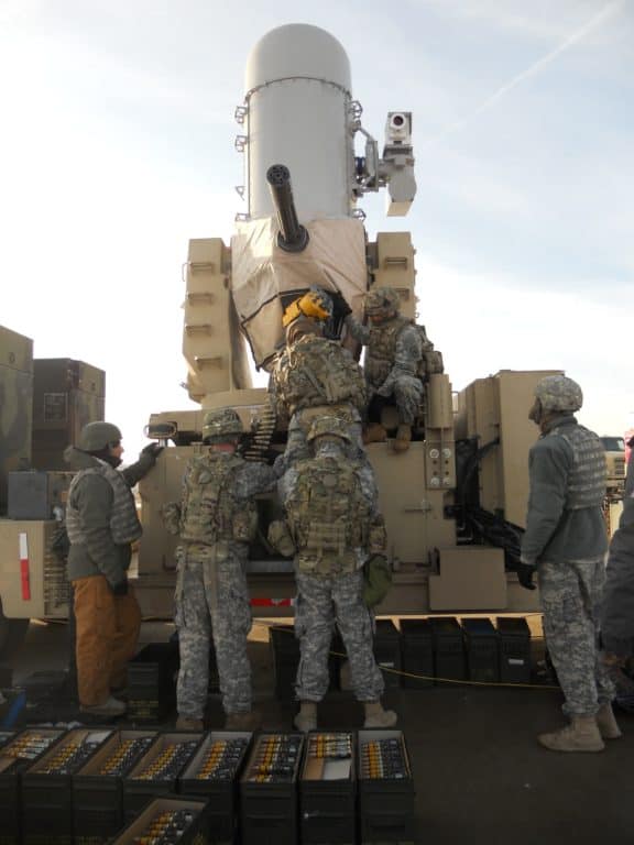 Soldiers from Battery A, 2nd Battalion, 44th Air Defense Artillery Regiment, 101st Sustainment Brigade, 101st Airborne Division (Air Assault), load ammunition into a Land-Based Phalanx Weapon System at Fort Sill. (Photo: U.S. Army 1st Lt. Lee-Ann Craig)