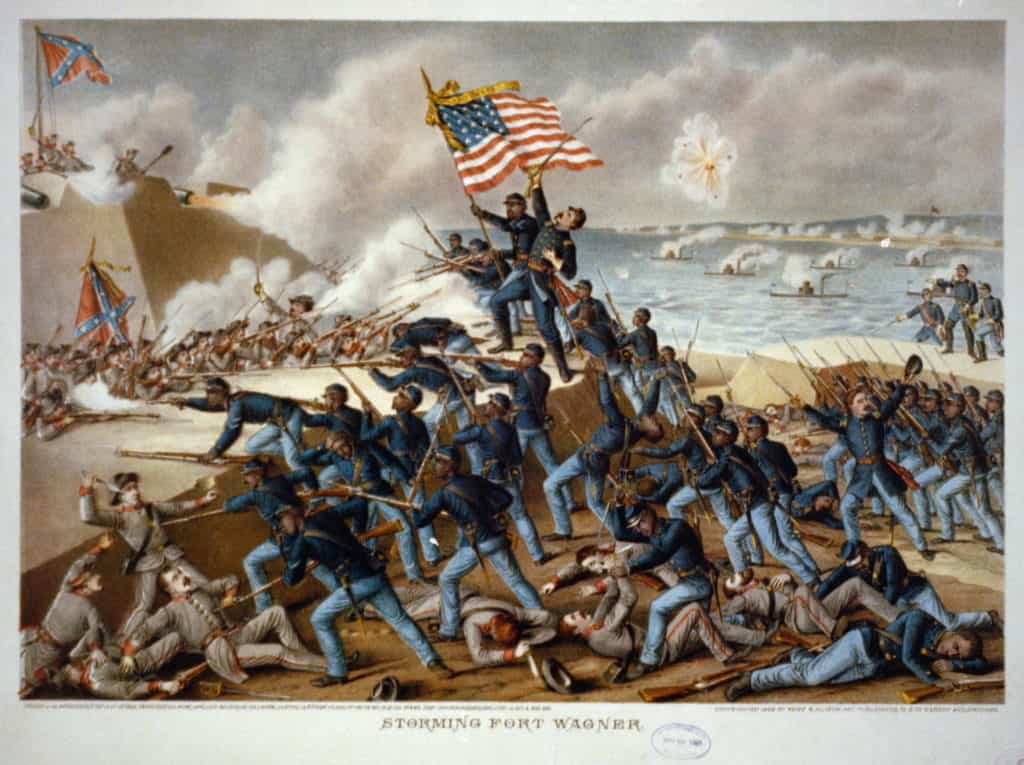 A lithograph of the storming of Fort Wagner. (Wikimedia Commons)