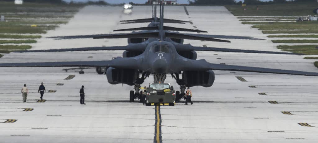 Four B-1B Lancers assigned to the 9th Expeditionary Bomb Squadron, deployed from Dyess Air Force Base, Texas, arrive Feb. 6, 2017, at Andersen AFB, Guam. (U.S. Air Force photo by Tech. Sgt. Richard P. Ebensberger)