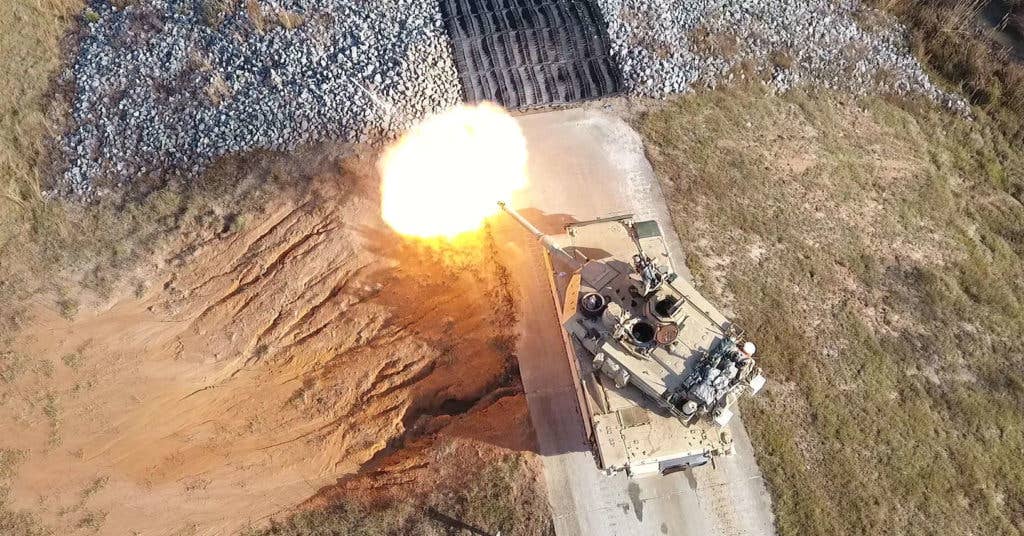 Aerial drone image of an M1A2 Abrams Main Battle Tank crew, from the 1st Armor Brigade Combat Team, 3rd Infantry Division, conducting Table VI Gunnery at Fort Stewart, Ga. December 6, 2016.