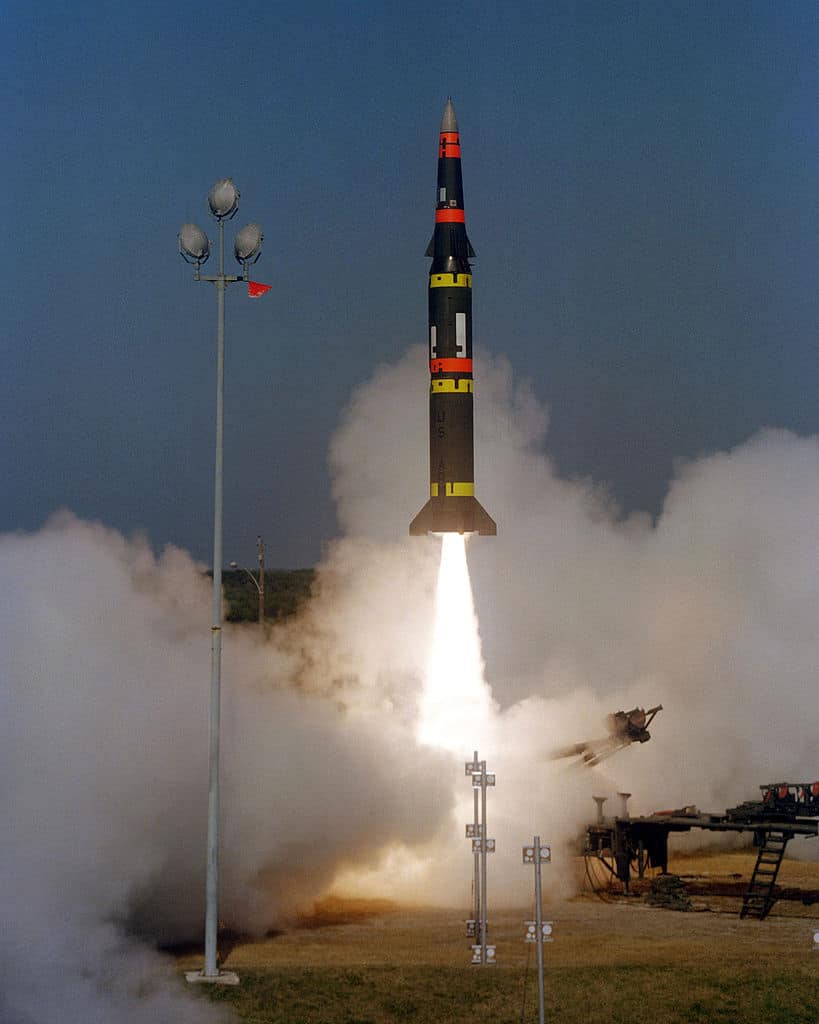 The US Army launches a Pershing II battlefield support missile on a long-range flight down the Eastern Test Range at 10:06 a.m. EST on Feb. 9, 1983. This was the fourth test flight in the Pershing II engineering and development program and the third flight from Cape Canaveral. (DOD photo)