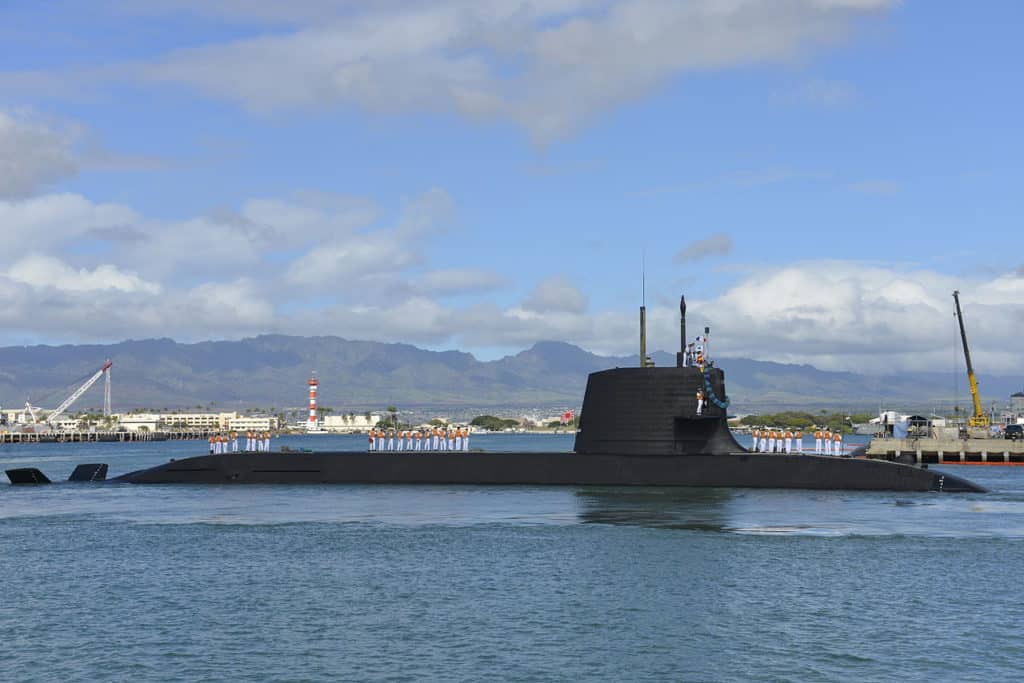 Japan Maritime Self Defense Force (JMSDF) submarine Hakuryu (SS-503) arrives at Joint Base Pearl Harbor-Hickam for a scheduled port visit, Feb. 6. While in port, the submarine crew will conduct various training evolutions and have the opportunity to enjoy the sights and culture of Hawaii. (U.S. Navy photo by Cmdr. Christy Hagen)