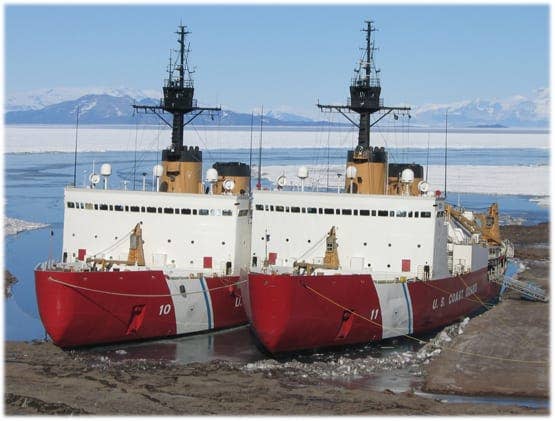 The Coast Guard icebreakers USCGC Polar Sea (WAGB 10) and USCGC Polar Star (WAGB 11) during a resupply mission to McMurdo Research Station. (USCG photo)