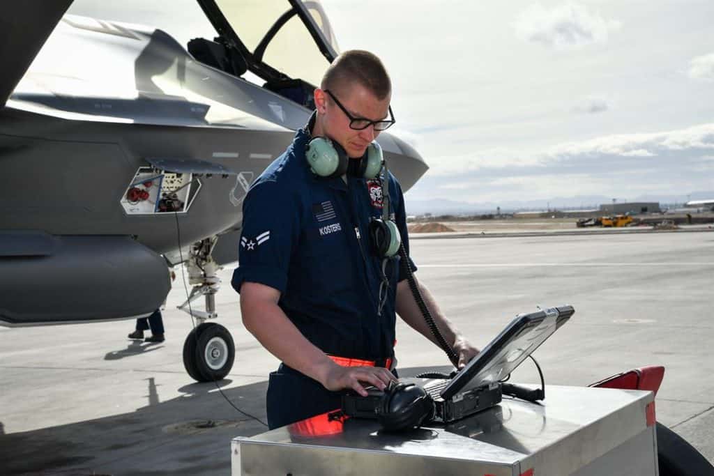 Air Force Airman 1st Class Nathan Kosters, a crew chief with the 34th Aircraft Maintenance Unit, prepares to launch an F-35A Lightning II joint strike fighter during Red Flag 17-1 at Nellis Air Force Base, Nev., Feb. 7, 2017. (U.S. Air Force photo by R. Nial Bradshaw)