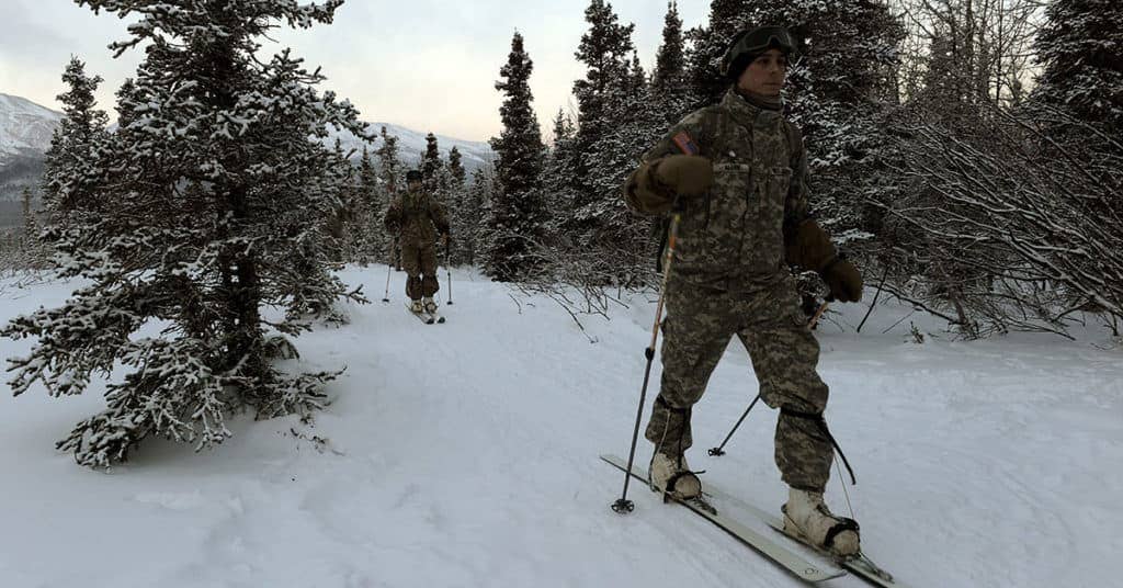 Students cross-country ski during the bivouac portion of the Cold Weather Leaders Course, Feb. 9-14, 2017. The CWLC is taught at the Northern Warfare Training Center at Black Rapids, Alaska. The entire course ran Feb. 2-16, 2017. (Photo Credit: David Vergun)