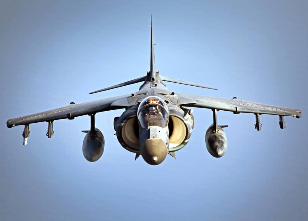 An AV-8B Harrier with Marine Medium Tiltrotor Squadron 261 (Reinforced), 24th Marine Expeditionary Unit, flies in position while conducting aerial refueling training operations. (U.S. Marine Corps photo by Gunnery Sgt. Chad R. Kiehl)