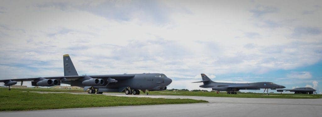 The B-52, the B-1, and the B-2 (right to left) on runways at Andersen Air Force Base in Guam.US Air Force