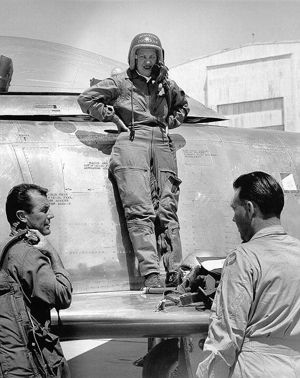 Jackie Cochran standing on the wing of her F-86 whilst talking to Chuck Yeager and Canadair's chief test pilot Bill Longhurst. (Photo courtesy Air Force Flight Test Center History Office)