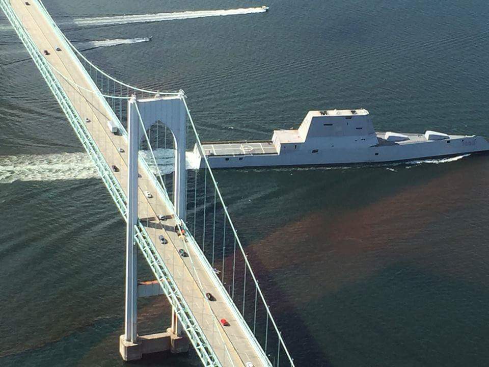 USS Zumwalt (DDG 1000) sails under the Pell Bridge. (US Navy photo)