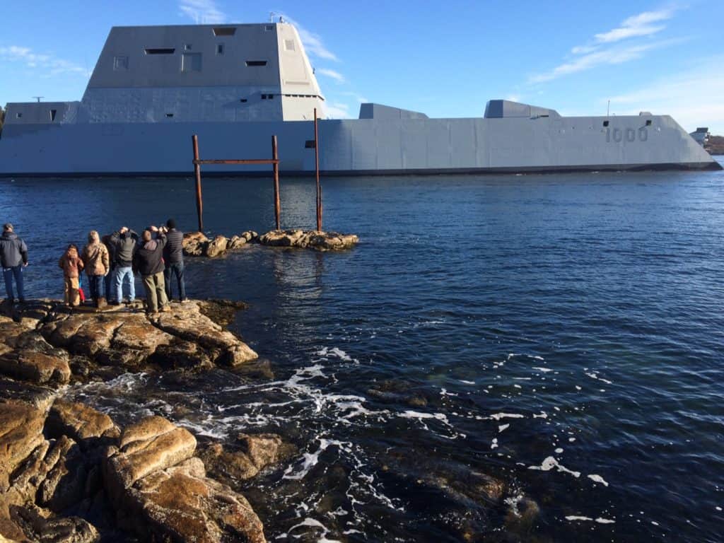 The future USS Zumwalt (DDG 1000) is underway for the first time conducting at-sea tests and trials on the Kennebeck River. The multi-mission ship will provide independent forward presence and deterrence, support special operations forces, and operate as an integral part of joint and combined expeditionary forces. (U.S. Navy photo /Released)