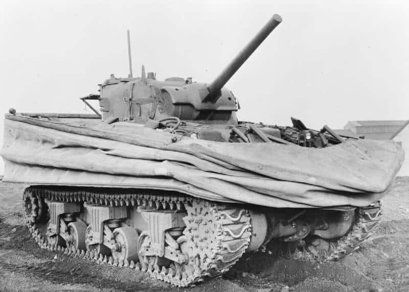 M4 Sherman modified into a DD tank. (British government photo)