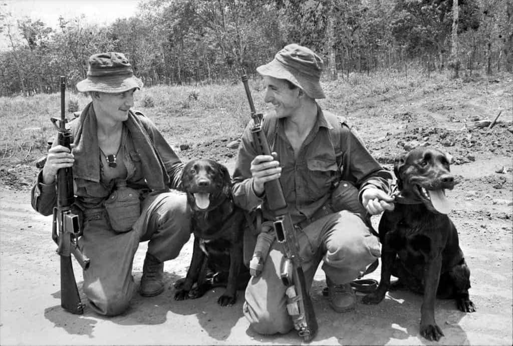 Australian soldiers pose with their black labs trained to hunt Viet Cong soldiers in the infamous tunnels of the Vietnam War. (Photo: Australian War Memorial)