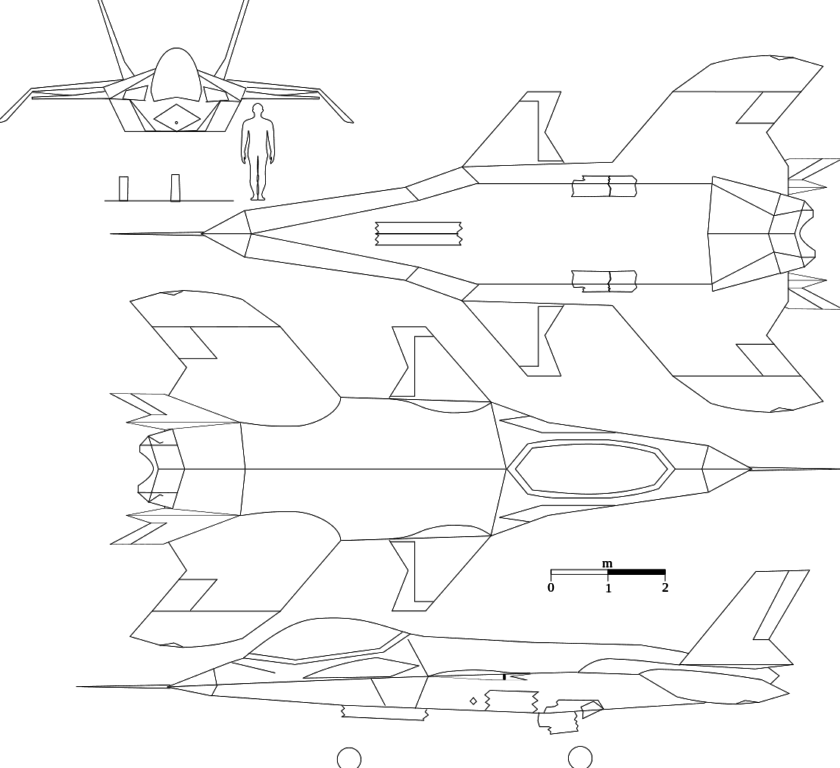 Lineart of the Qaher-313 mockup based on estimations. (Image from Wikimedia Commons)