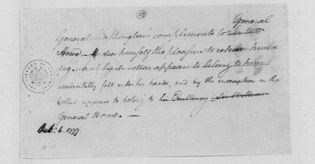 General Washington's letter to British Gen. William Howe accompanying his recently-returned dog.(Photo from US government)
