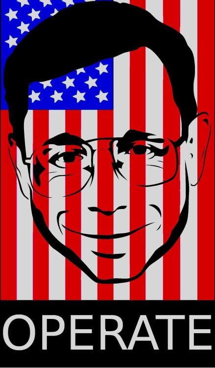 Mike Vining meme that says "operate" underneath a photo of his face covered by an American flag